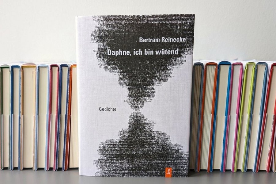 Das Buch "Daphne, ich bin wütend" von Bertram Reinecke, auf einem Tisch vor einer Reihe Bücher mit farbigen Einbänden aufgestellt.