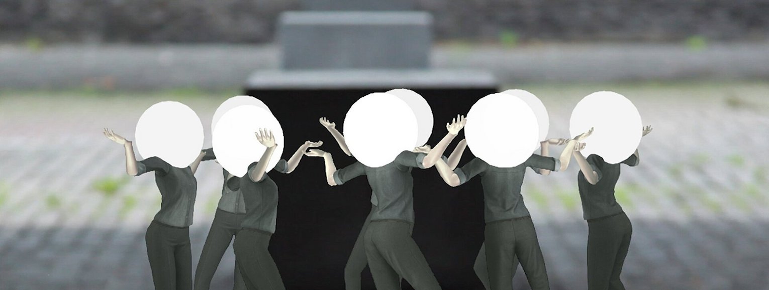 Ein animiertes Bild, auf dem eine Gruppe von Frauen im Kreis tanzt. Alle haben eine weiße Kugel als Kopf.
