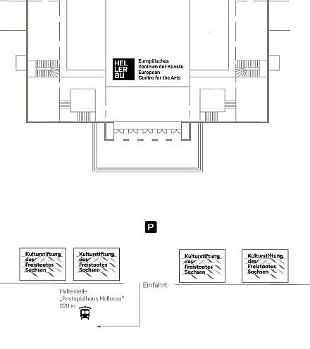 Grafischer Lageplan des Festspielhaus-Areals mit den Häusern der Kulturstiftung rechts und links der Einfahrt