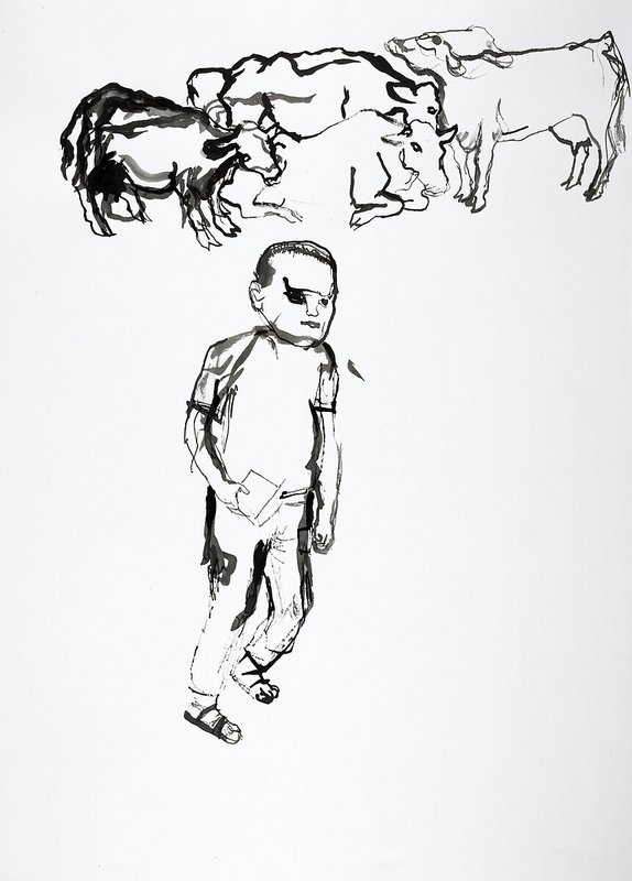 Tusche-Zeitung in schwarz auf weißem Papier. Zu sehen ist ein Junge in Sandalen, T-Shirt und Hose; im Hintergrund eine zusammengepferchte Kuhherde.
