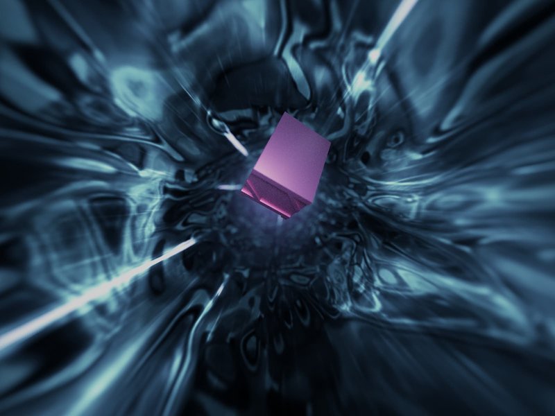 Bild aus einer Video-Installation, auf dem eine violette Box in einen blau-schwarzen Strudel hinabfällt.