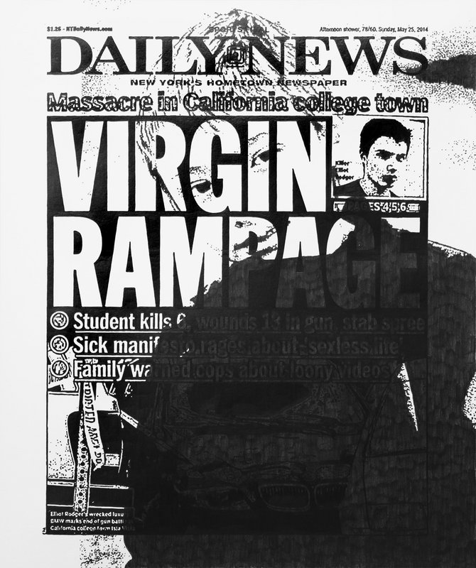 Auf dem Titelblatt der DAILY NEWS ist der Titel „Massacre in California college town“ sowie die Aufschrift „Virgin rampage“ neben dem Bild eines Jungen zu sehen. 