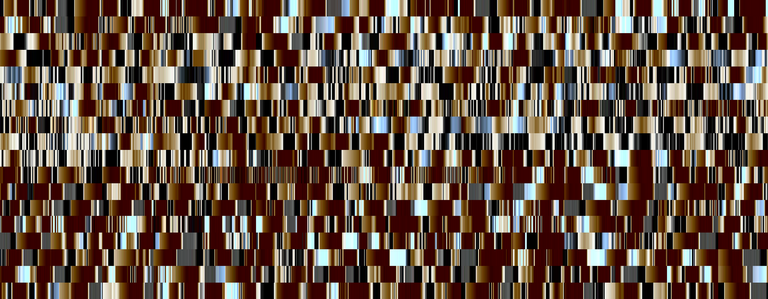 Braune, hellblaue und goldene Pixel sind unregelmäßig auf einer rechteckigen Fläche verteilt.