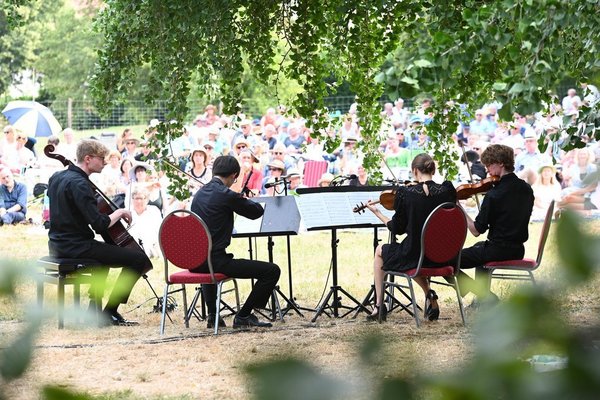 Ein kleines Orchester aus vier Streichern spielt ein Konzert unter einer Baumkrone, im Hintergrund sitzt ein großes Publikum auf einer Wiese.