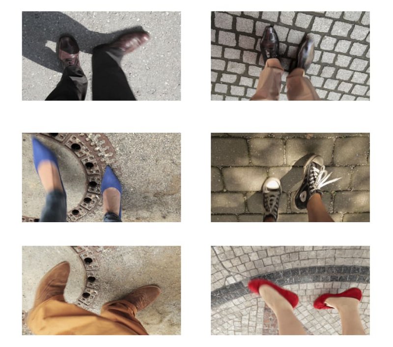 Sechs Fotos von Schuhpaaren von Männern sowie Frauen in Bewegung dargestellt und gleichmäßig angeordnet.   