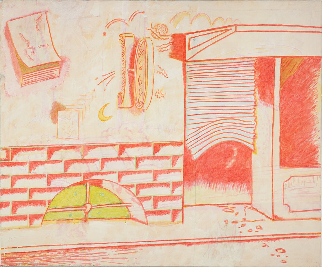 Gemälde eines Hauseinganges nach Art einer Zeichnung in Rot und Gelb.