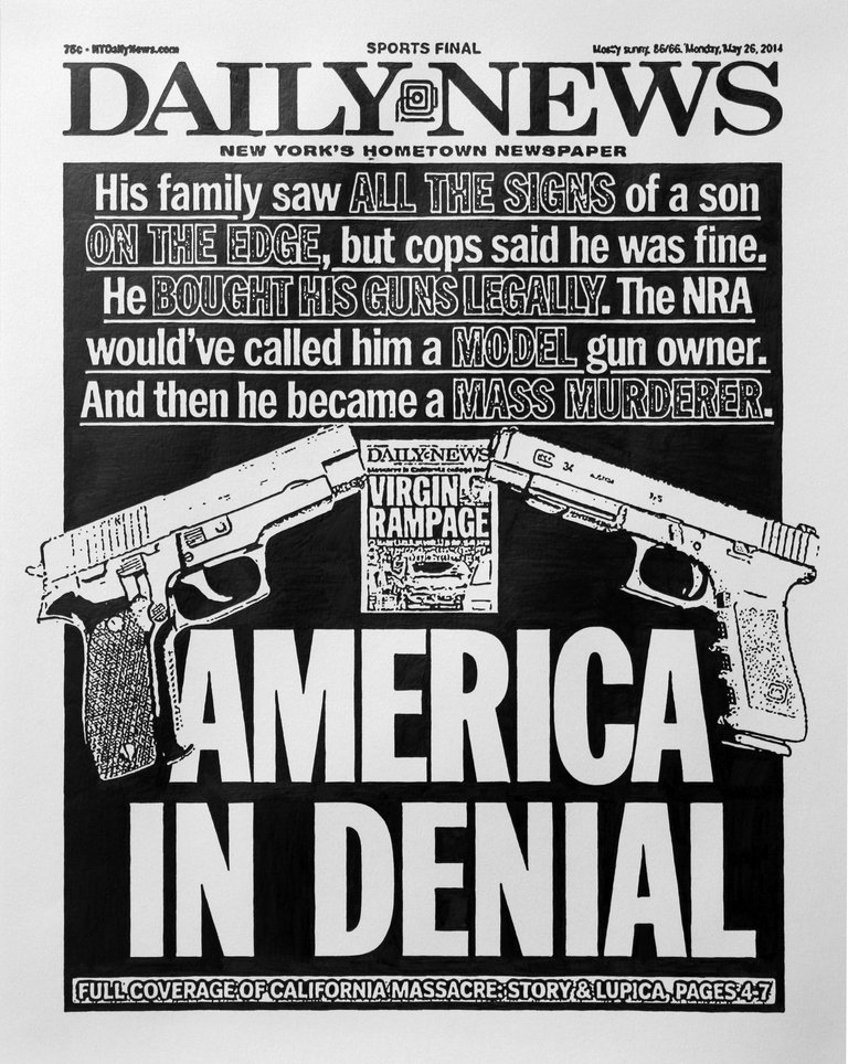 Auf dem Titelblatt der DAILY NEWS ist die Aufschrift „America in denial“ zu sehen sowie zwei Pistolen, welche auf ein verkleinertes Titelbild mit der Aufschrift „Virgin rampage“ gerichtet sind. 
