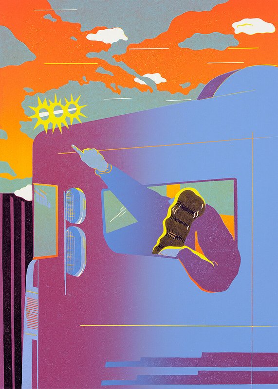 Abstrakte Abbildung in grellbunten Farben, die eine Person zeigt, die sich aus der Fahrerkabine eines LKWs lehnt.