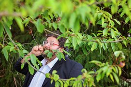 Sebastian Lachnitt, Leiter des Landschaftstheaters Sächsische Schweiz, steht an einem Baum und beißt in einen Ast.