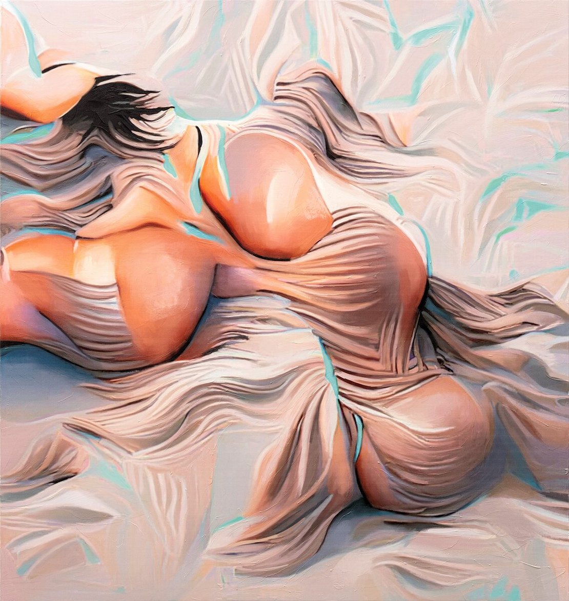Ein abstraktes Gemälde, das einen scheinbar menschlichen Körper zeigt, der in Laken gehüllt auf einem Bett liegt.