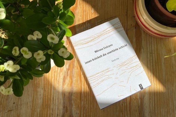 Das Buch "innen bröckelt die unerhörte schicht" von Měrana Cušcyna liegt auf einem sonnenbeschienenen Holztisch, links und rechts steht je eine Topfpflanze. 