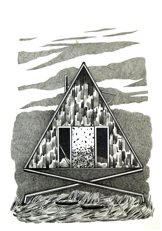 Schwarz-weiß Zeichnung einer Hüte, deren Dach auf zwei sich überkreuzenden Hauswänden steht. 