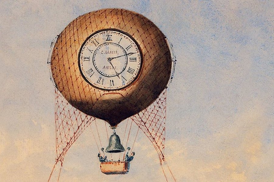 Grafik eines Heißluftballons mit einer Uhr