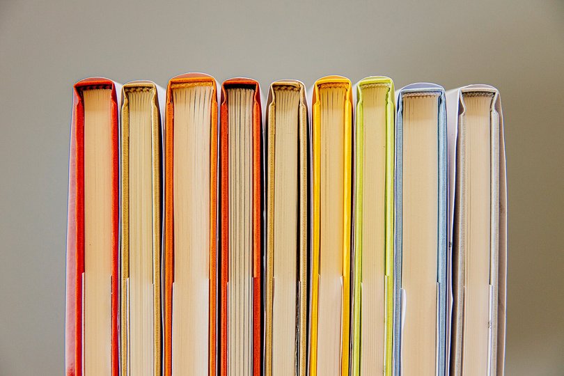 Bücher mit farbigen Einbänden, deren Unterseiten aneinandergereiht sind. 