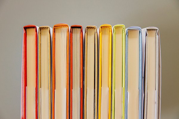 Bücher mit farbigen Einbänden, deren Unterseiten aneinandergereiht sind. 