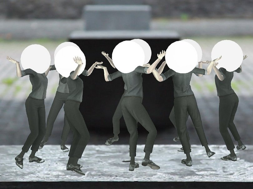 Ein animiertes Bild, auf dem eine Gruppe von Frauen im Kreis tanzt. Alle haben eine weiße Kugel als Kopf.